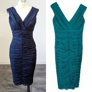 Tadashi 100% Silk Ruched Cocktail‎ Dress Sleeveless V-Neck | Teal Green | SZ 5